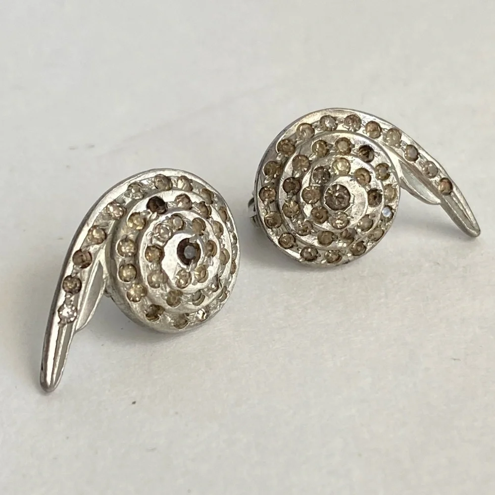 Vintage Art Deco Rhinestone Silver Earrings Swirl Clip‎ On 40s 50s Retro